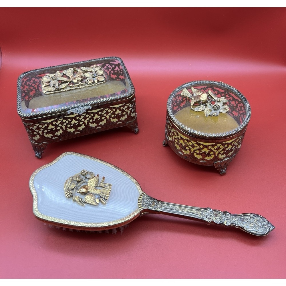Matson Gold Ormolu Jewelry Casket Boxes Velvet Beveled Glass & Brush Bird Motiff